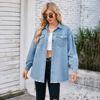 Women's Denim Overshirt with Frayed Hem and Patch Pockets