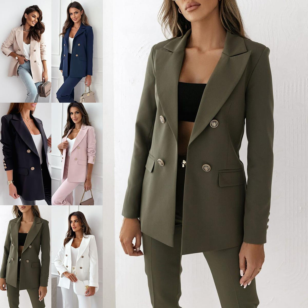 Women's Elegant Double-Breasted Blazer with Gold Buttons and Modern Fit