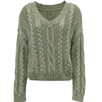 Women's Chunky Knit Sweater with V-Neck and Voluminous Sleeves