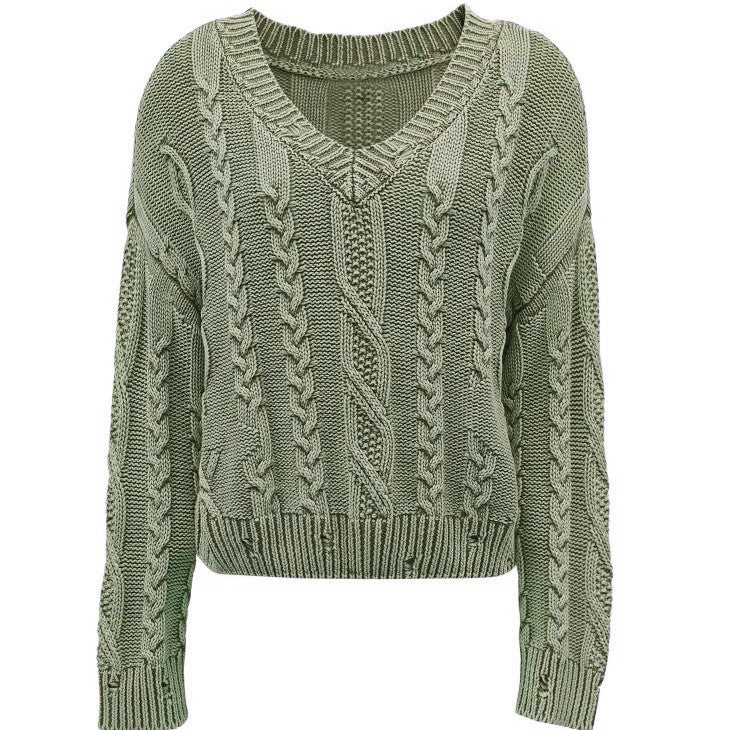 Women's Chunky Knit Sweater with V-Neck and Voluminous Sleeves