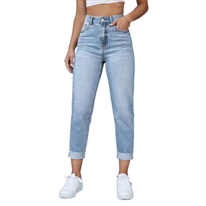 Women's High-Waisted Jeans with Frayed Hem