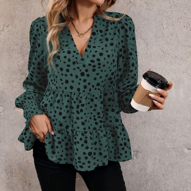 Women's Blouse with Voluminous Puff Sleeves and Casual Ruffle Design