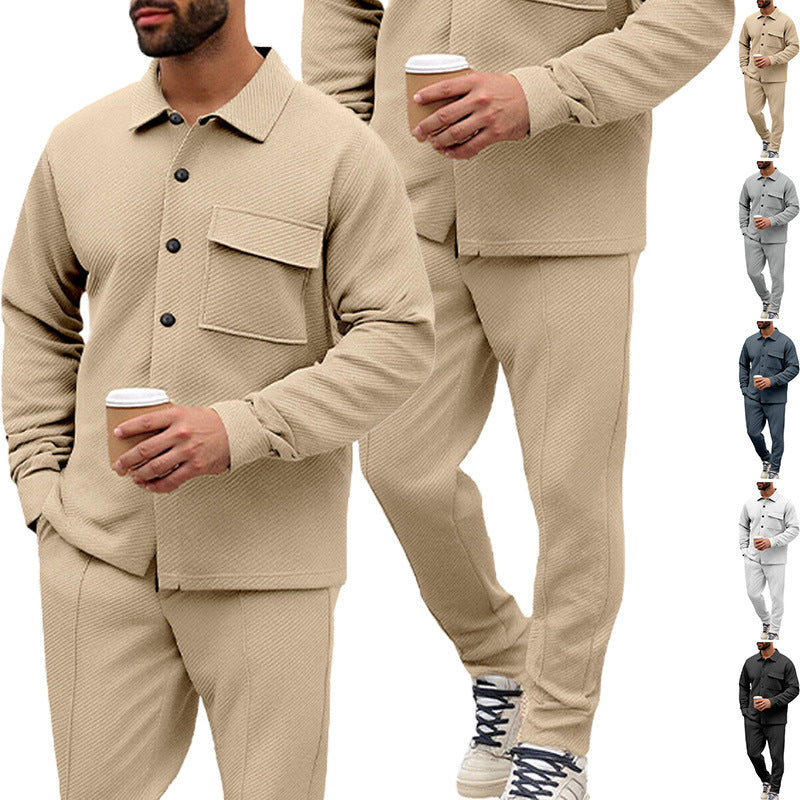 Men's Shirt Jacket Set with Flap Pocket and Tapered Trousers