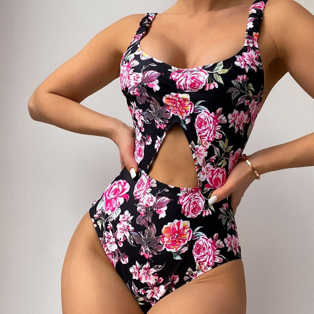 Women's Swimsuit with Floral Design and Unique Neckline