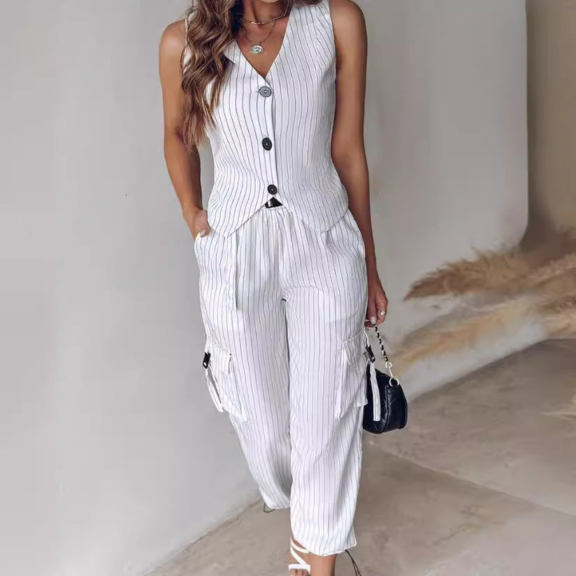 Women's Elegant Striped Suit Set with Casual Fit