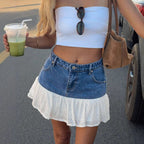 Women's Denim Skirt with Voluminous Ruffled Hem and Floral Detail