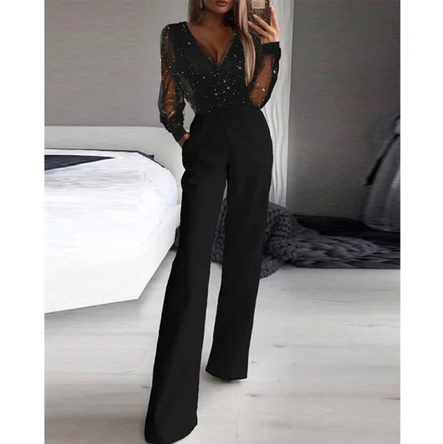 Women's Elegant Jumpsuit with Sheer Blouse and Shimmering Accents