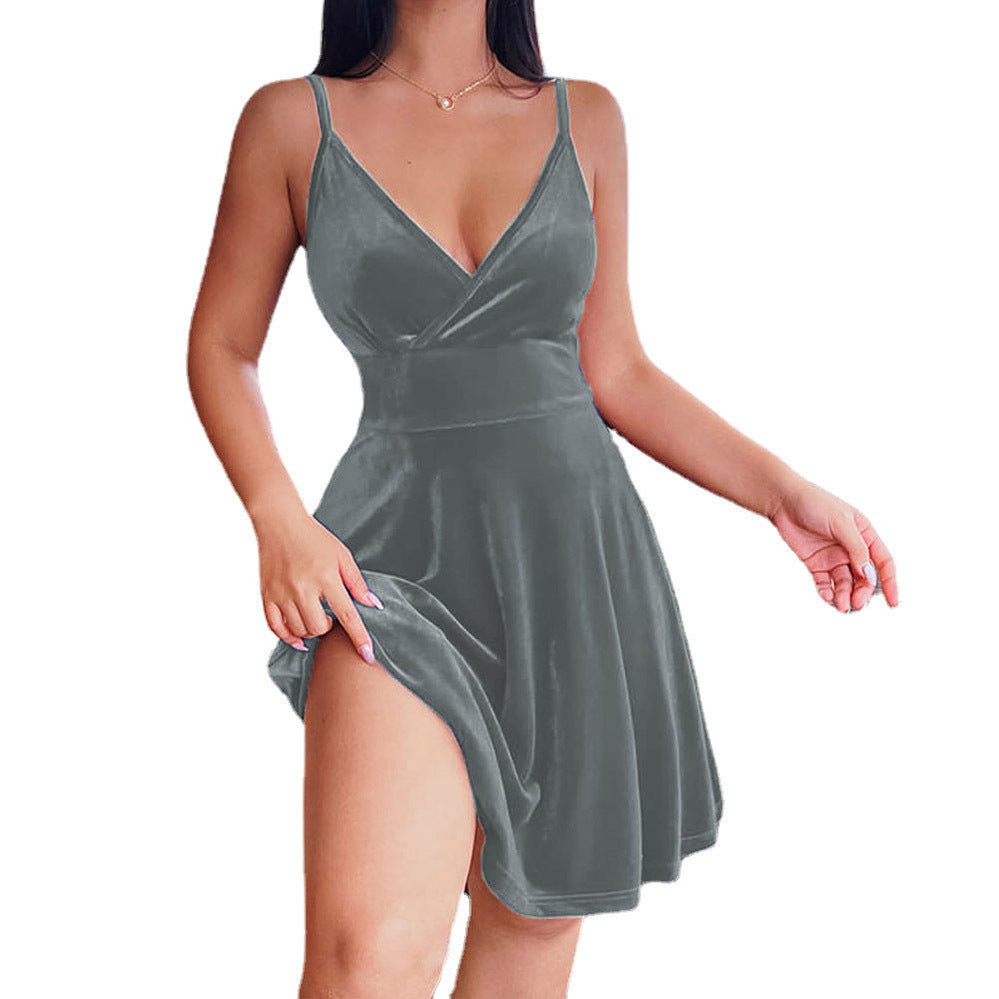 Women's Elegant Velvet A-Line Dress with Deep V-Neck and Side Slit