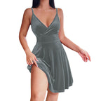 Women's Elegant Velvet A-Line Dress with Deep V-Neck and Side Slit
