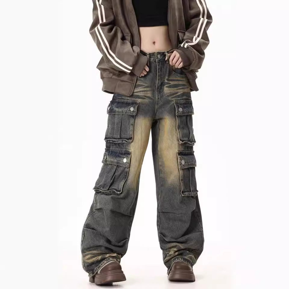 Women's Wide-Leg Cargo Jeans with Side Pockets