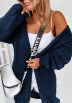 Women's Chunky Knit Cardigan with Voluminous Sleeves and Open Front