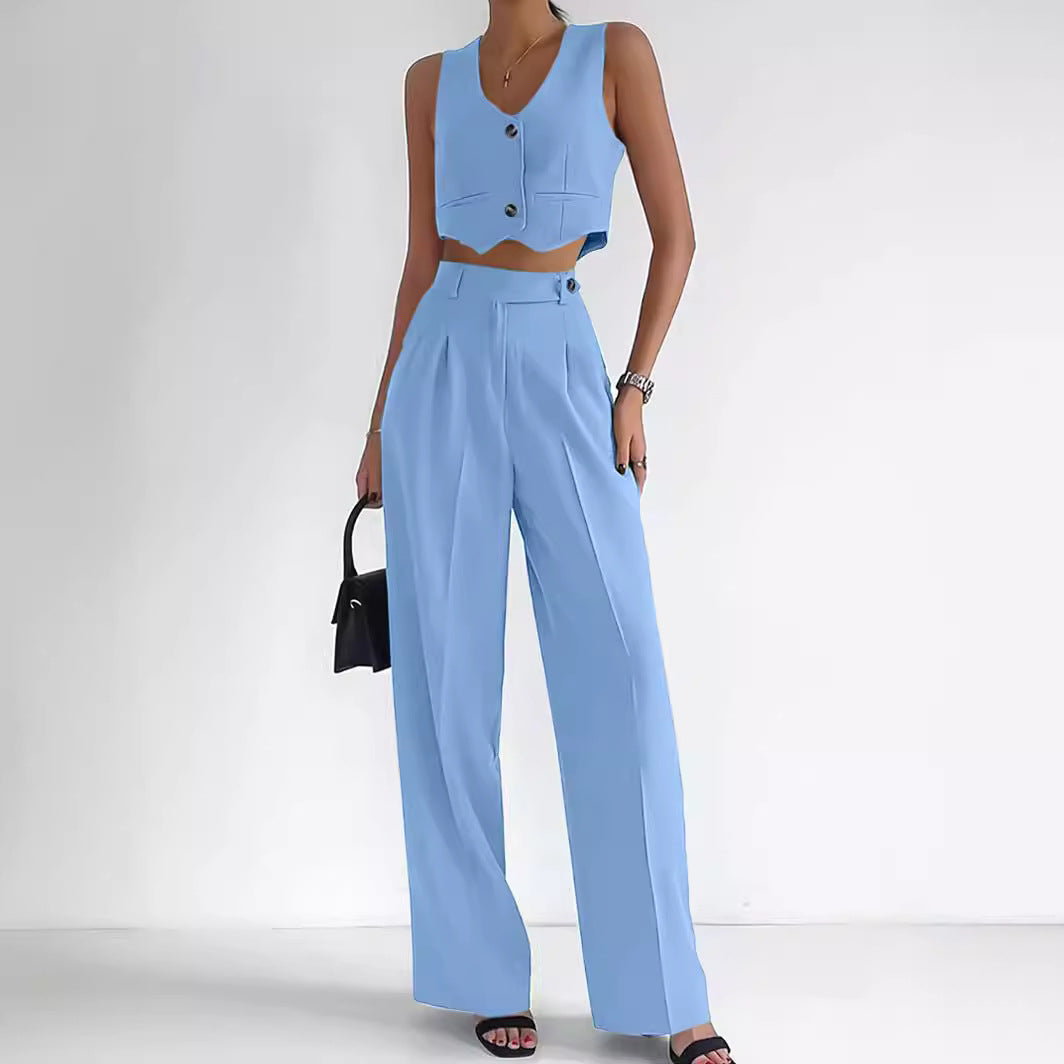 Women's Fashionable Two-Piece Set with Sleeveless Top and Wide-Leg Pants