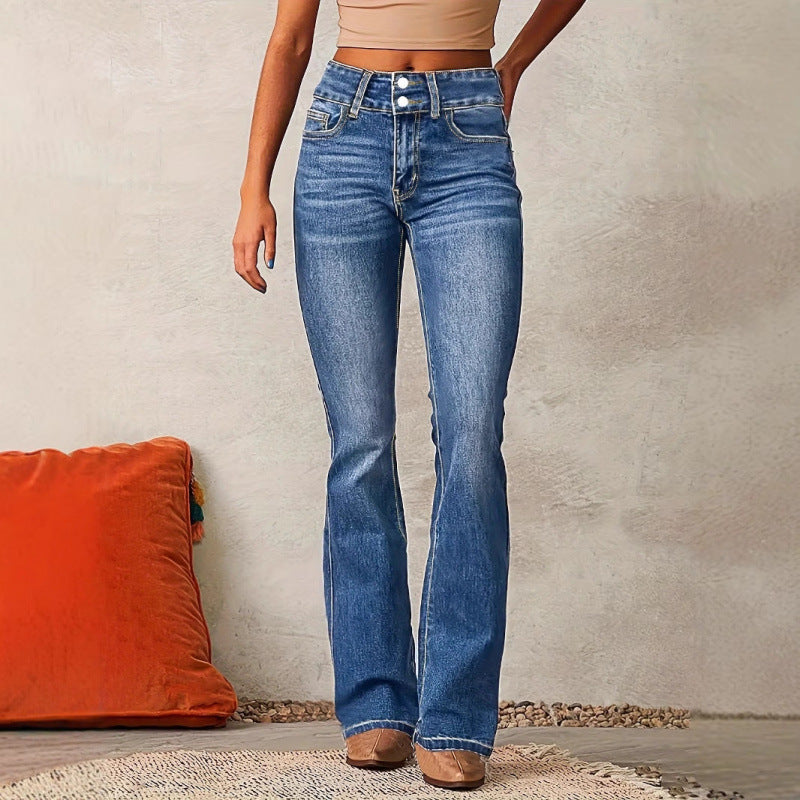 Women's High-Waisted Bootcut Jeans with Fashionable Buttons