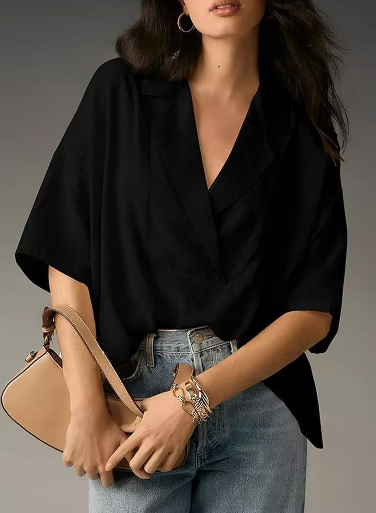 Women's Casual V-Neck Blouse with Wide Sleeves