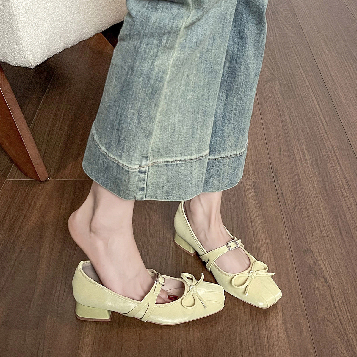 Women's Ballet Flats with Decorative Strap and Comfortable Block Heel