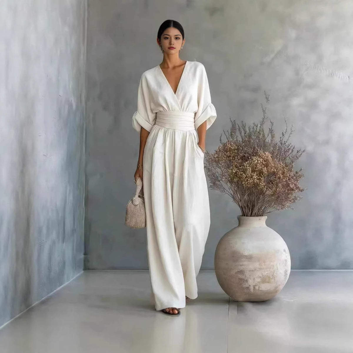 Women's Jumpsuit with Elegant V-Neck and Wide Leg