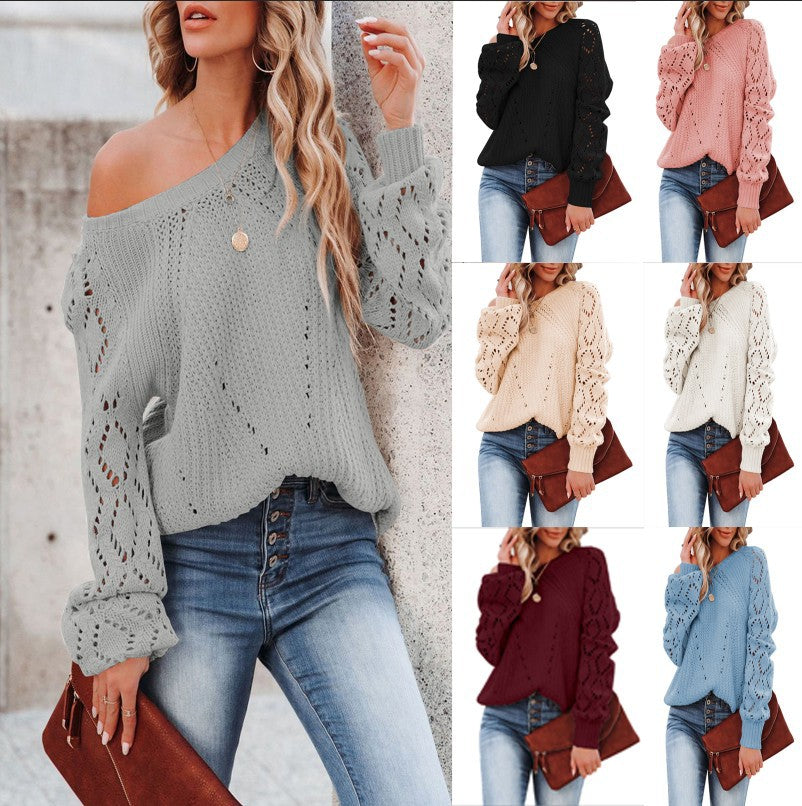 Women's Elegant Knit Sweater with Airy Crochet Texture and Wide Sleeves