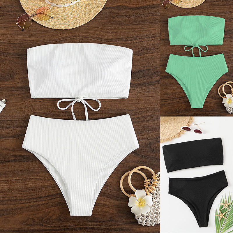 Women's High-Waisted Striped Bandeau Bikini