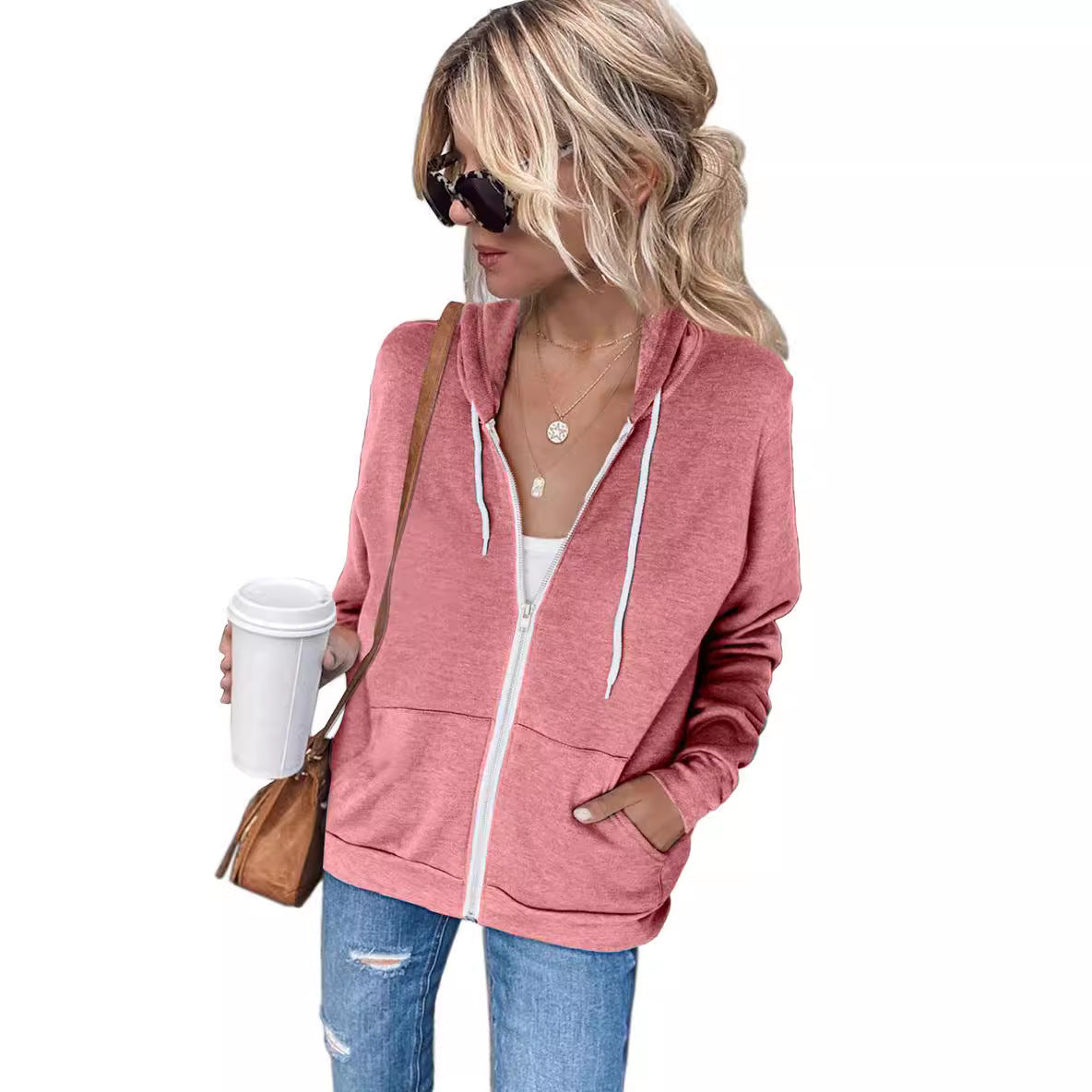 Women's Comfortable Hoodie with Zipper and Side Pockets