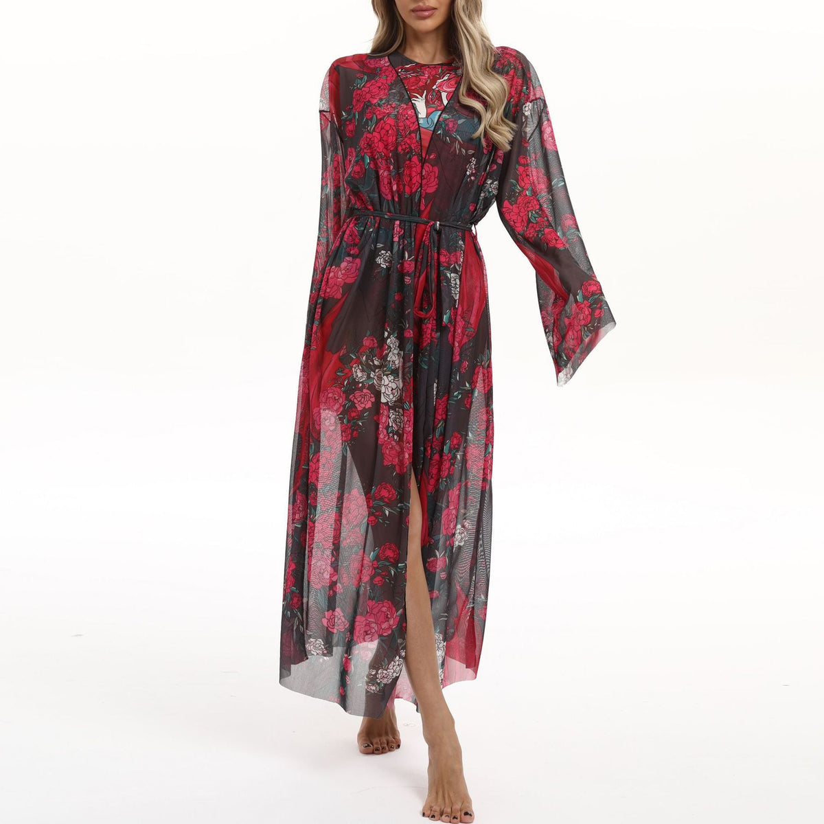 Elegant Women's Beach Kimono with Floral Pattern