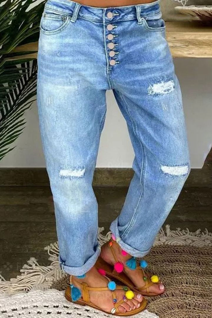 Women's Boyfriend Jeans with Button Fly and Distressed Details