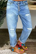 Women's Boyfriend Jeans with Button Fly and Distressed Details