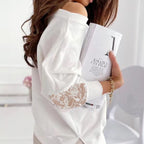 Elegant Sweater with Sheer Lace Sleeves and Asymmetric Neckline