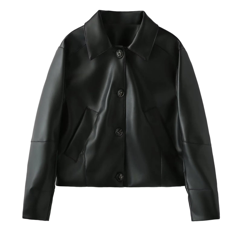 Women's Elegant Faux Leather Jacket with Modern Silhouette and Practical Pockets