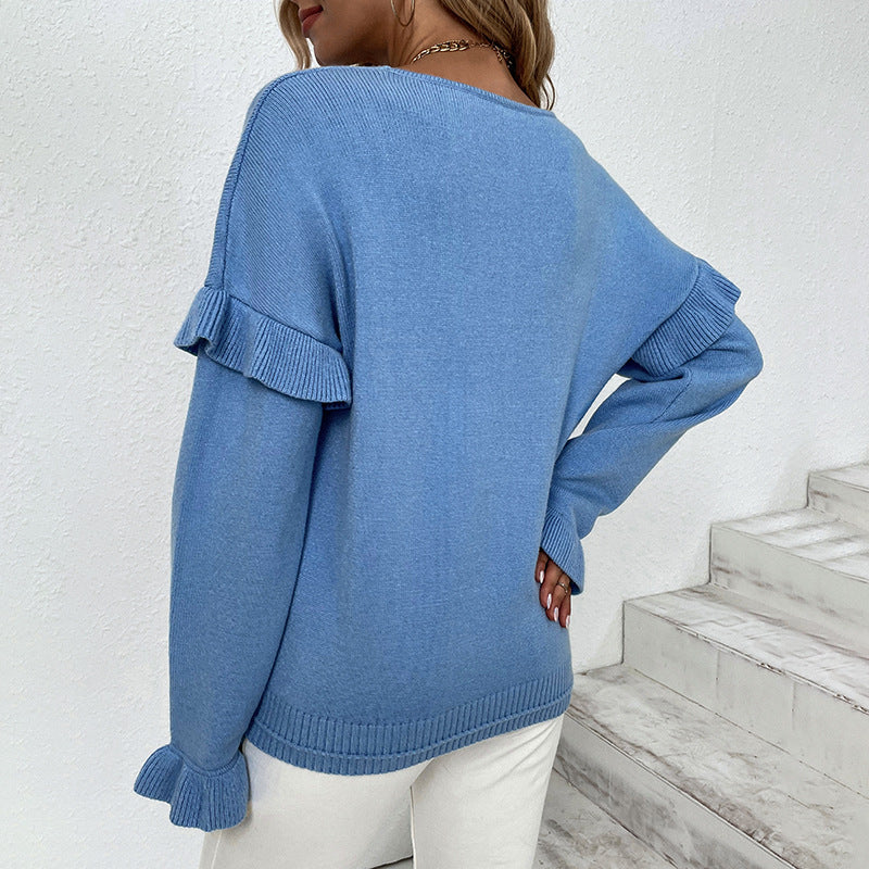 Women's Elegant Sweater with Ruffle Details and V-Neck