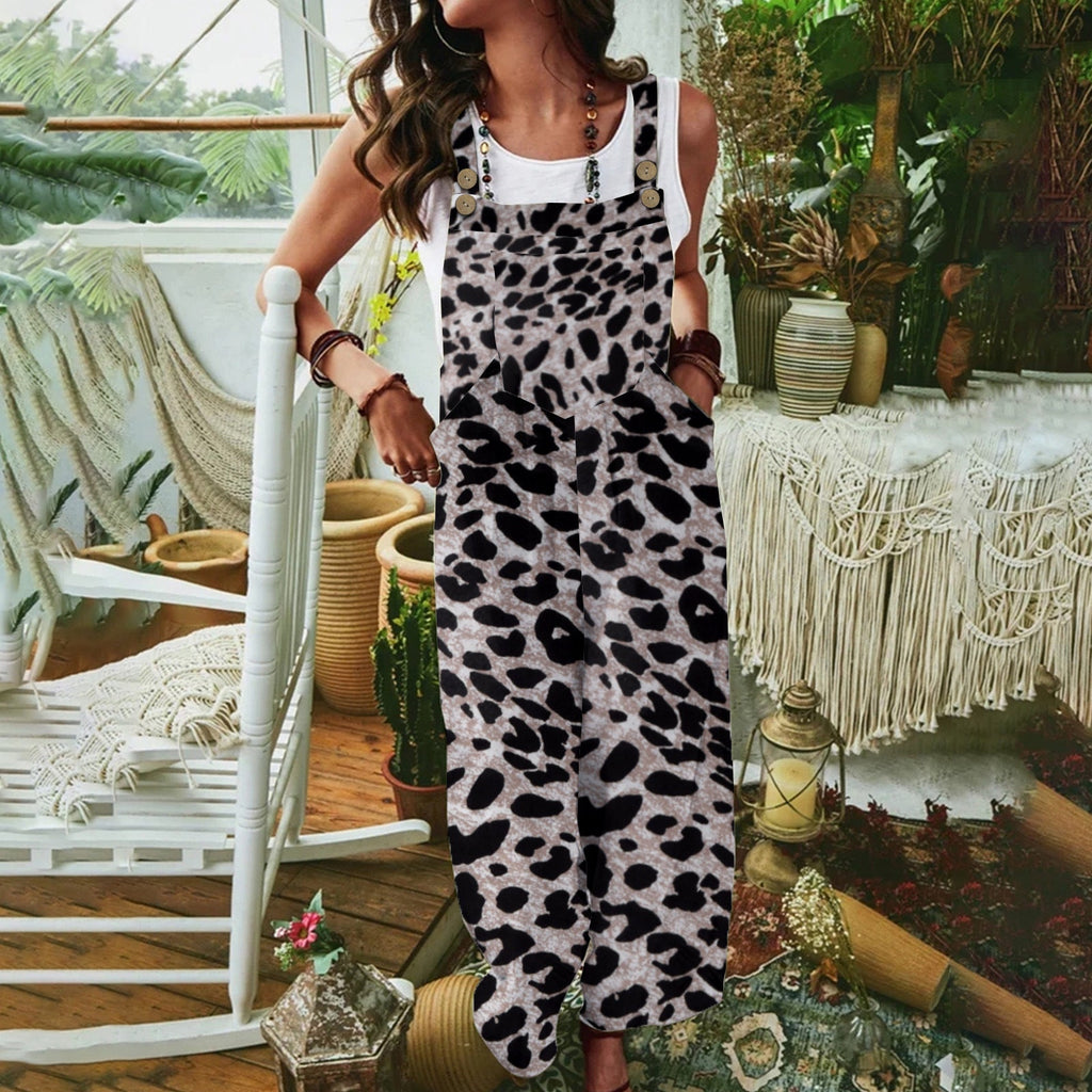 Women's Casual Jumpsuit with Leopard Print and Pockets