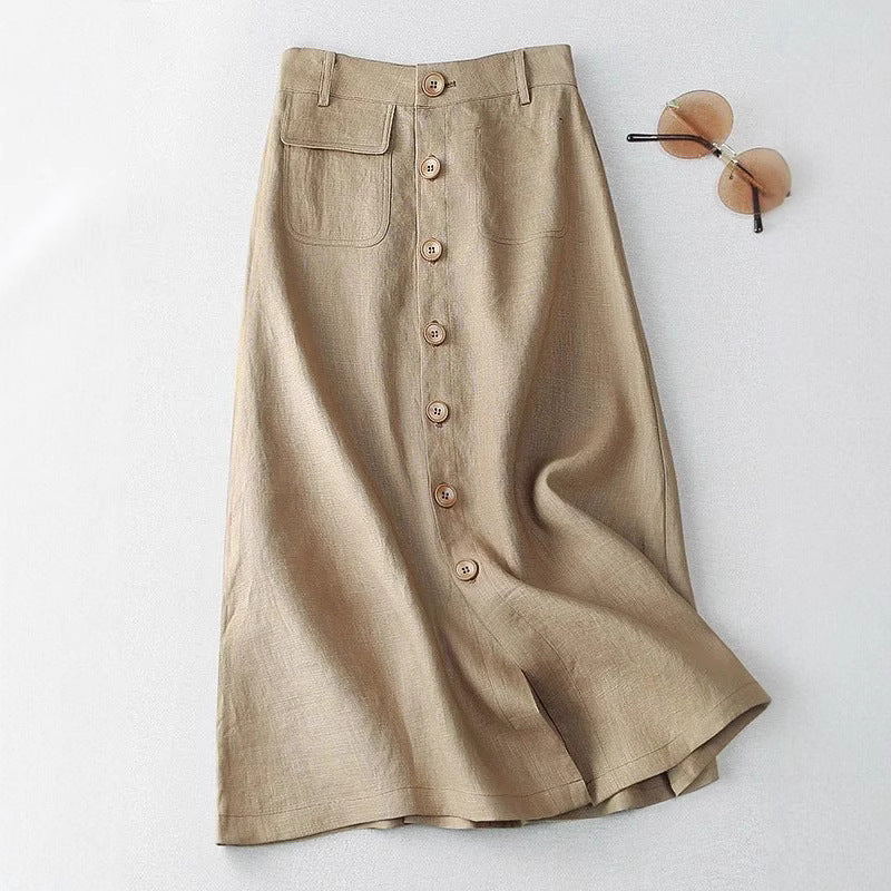 Women's Long Linen Skirt with Button Details and Pockets