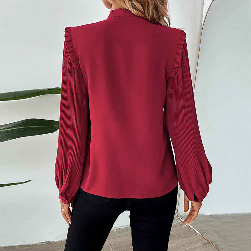 Elegant Women's Blouse with Ruffle Details and Tie Neck