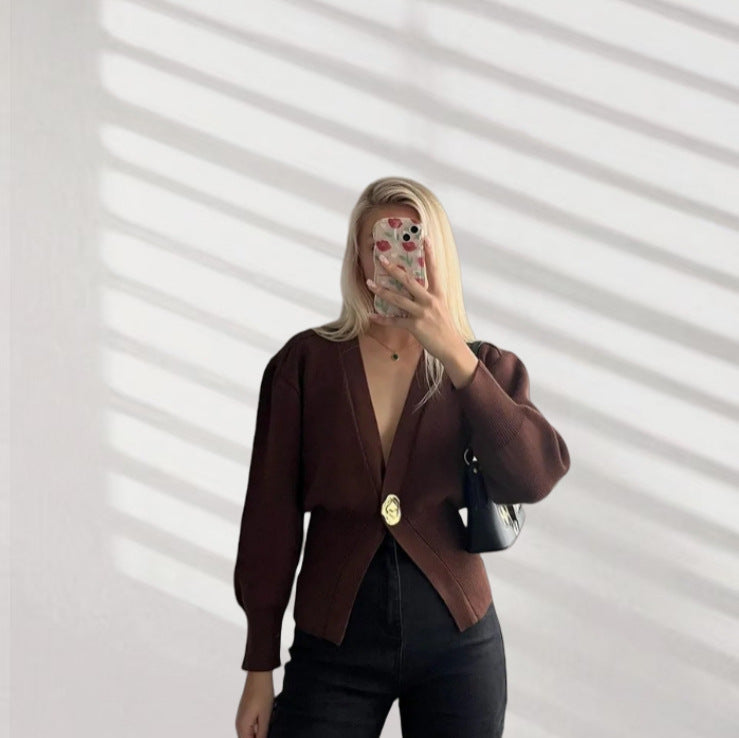 Elegant V-Neck Cardigan with Decorative Button