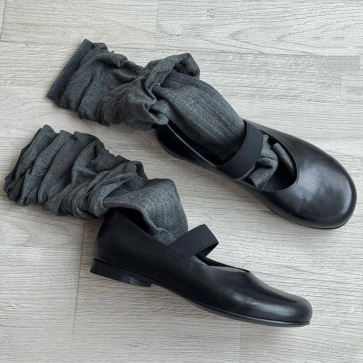 Women's Ballet Flats with Elastic Strap and Leather Surface