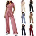 Ladies Casual Lounge Set with Tailored V-Neck Cropped Top and Loose Drawstring Pants