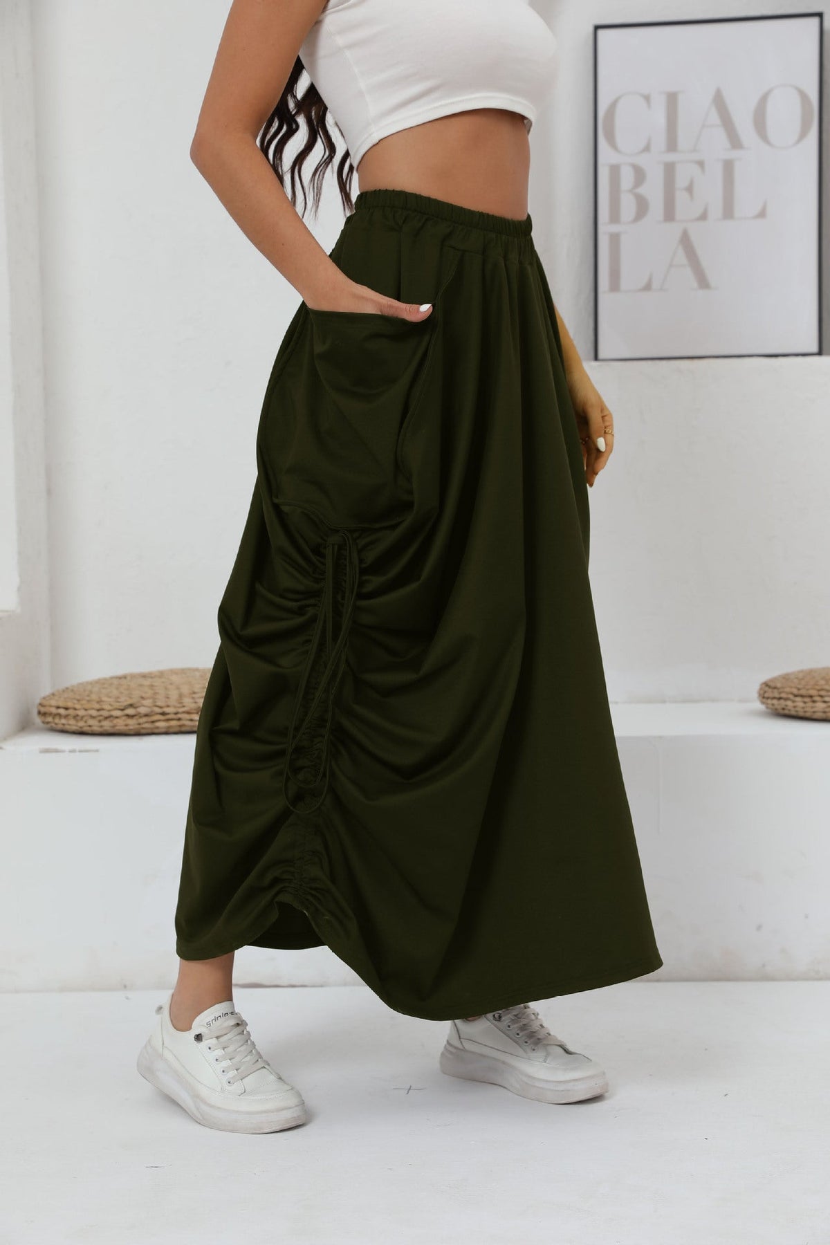 Women's Maxi Skirt with Side Ruching and Pockets