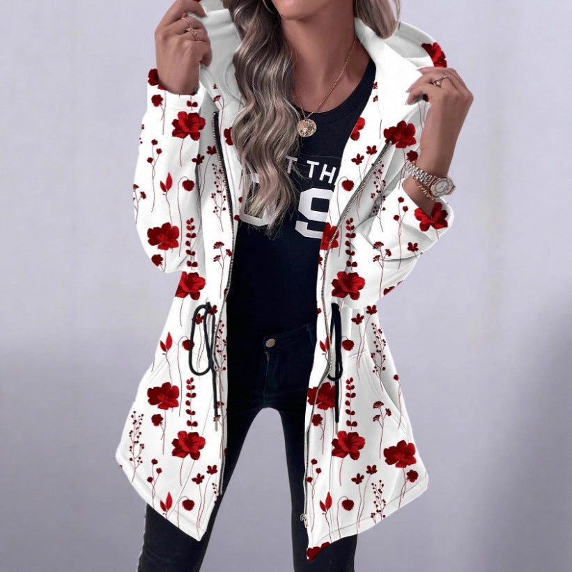 Women's Floral Print Coat with Hood and Full-Length Zipper