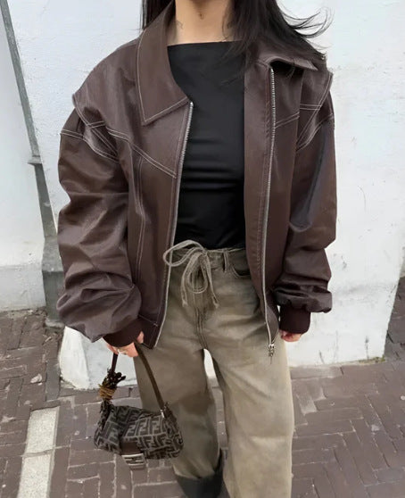 Women's Elegant Faux Leather Jacket with High Collar and Elastic Cuffs