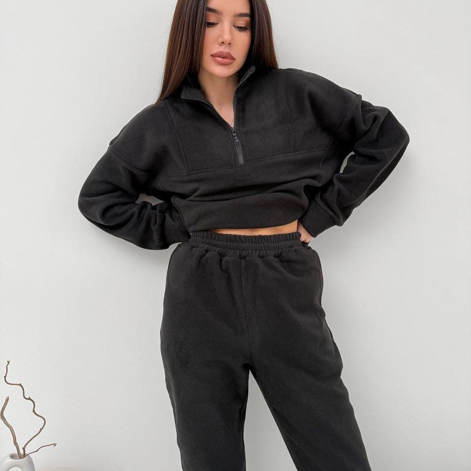 Women's Cozy Fleece Loungewear Set with Half Zipper and Joggers