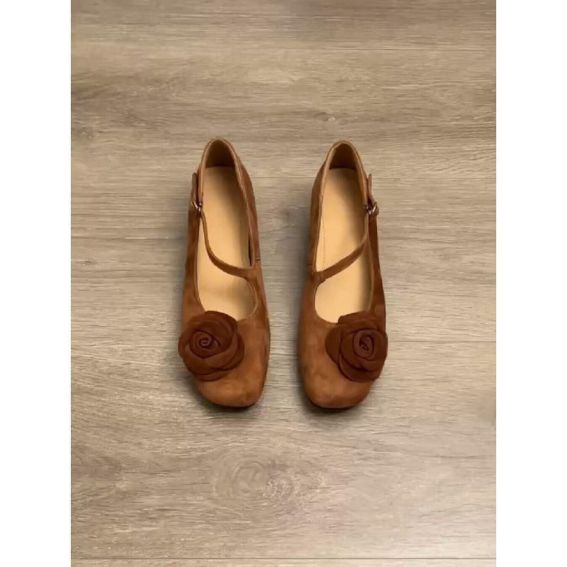 Women's Ballet Flats with Decorative Flower Appliqué and Comfortable Block Heel