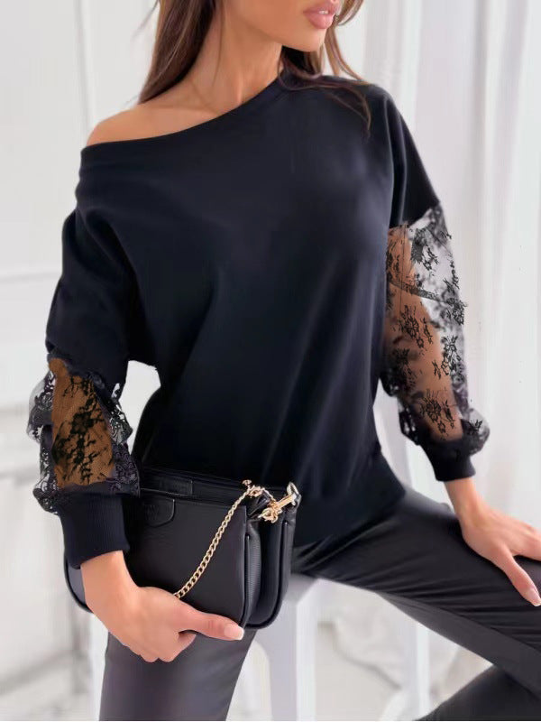 Elegant Sweater with Sheer Lace Sleeves and Asymmetric Neckline