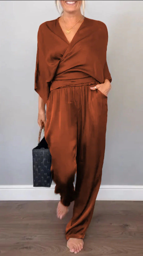 Women's Elegant Wrap Top with Wide Cut and Matching Palazzo Pants