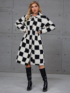 Women's Fluffy Plaid Faux Fur Coat with Pockets