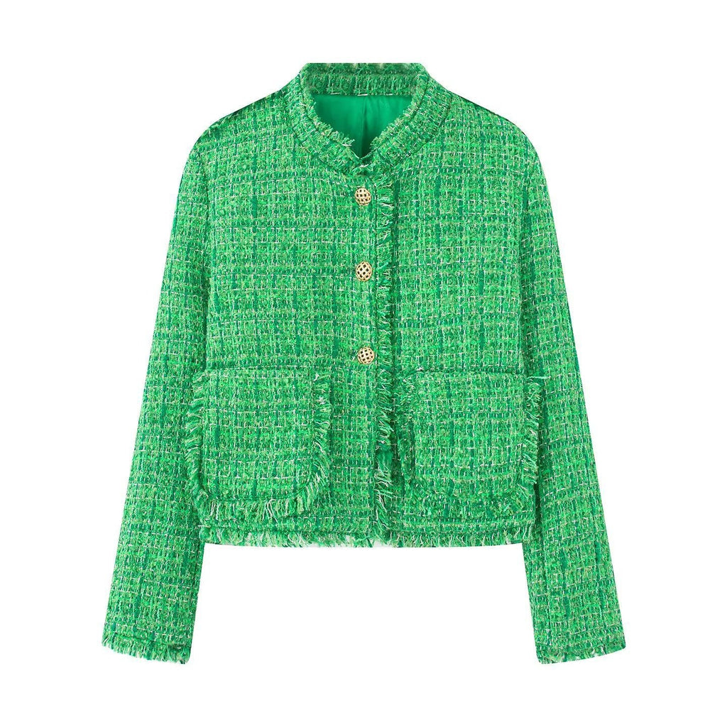 Women's Elegant Textured Short Jacket with Gold Buttons