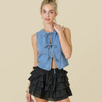 Women's Denim Blouse with Adjustable Front Tie