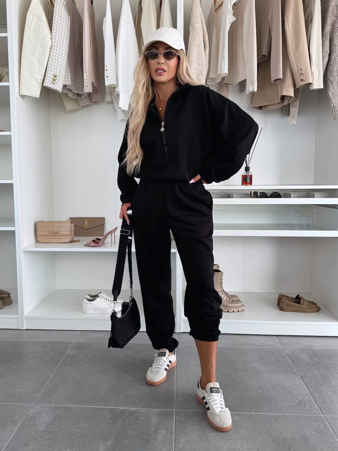 Women's Fashionable Fleece Loungewear Set with Half-Collar and Elastic Cuffs