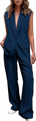 Women's Sleeveless Blazer Set with Wide-Leg Trousers