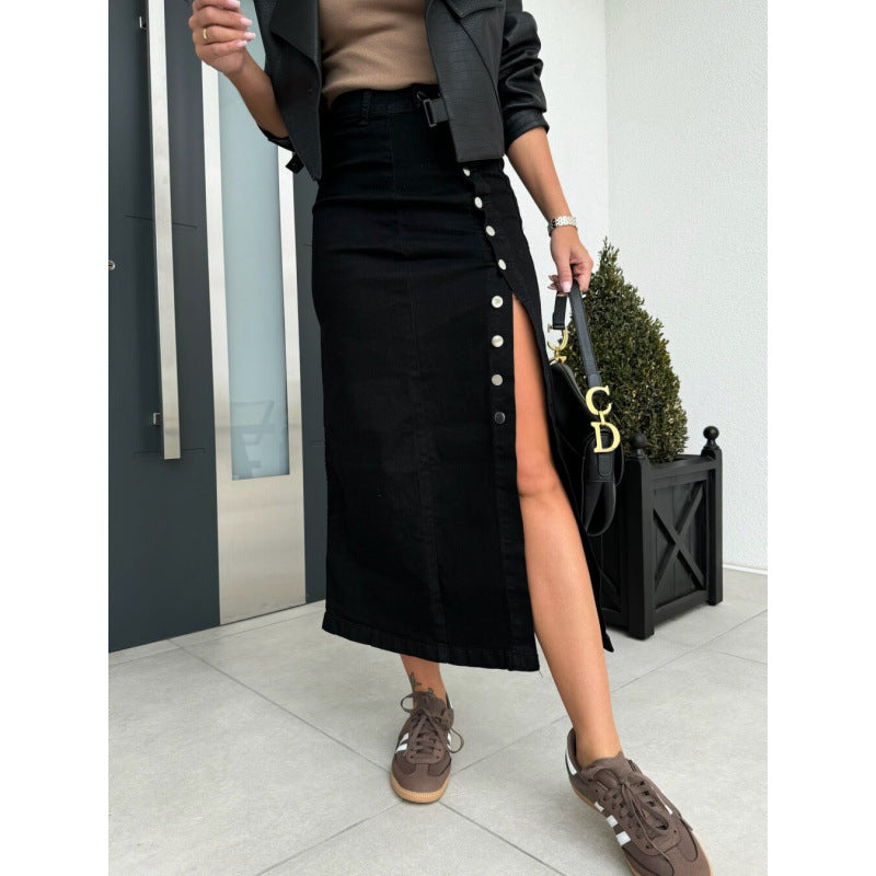 Denim Midi Skirt with Side Slit and Button Details