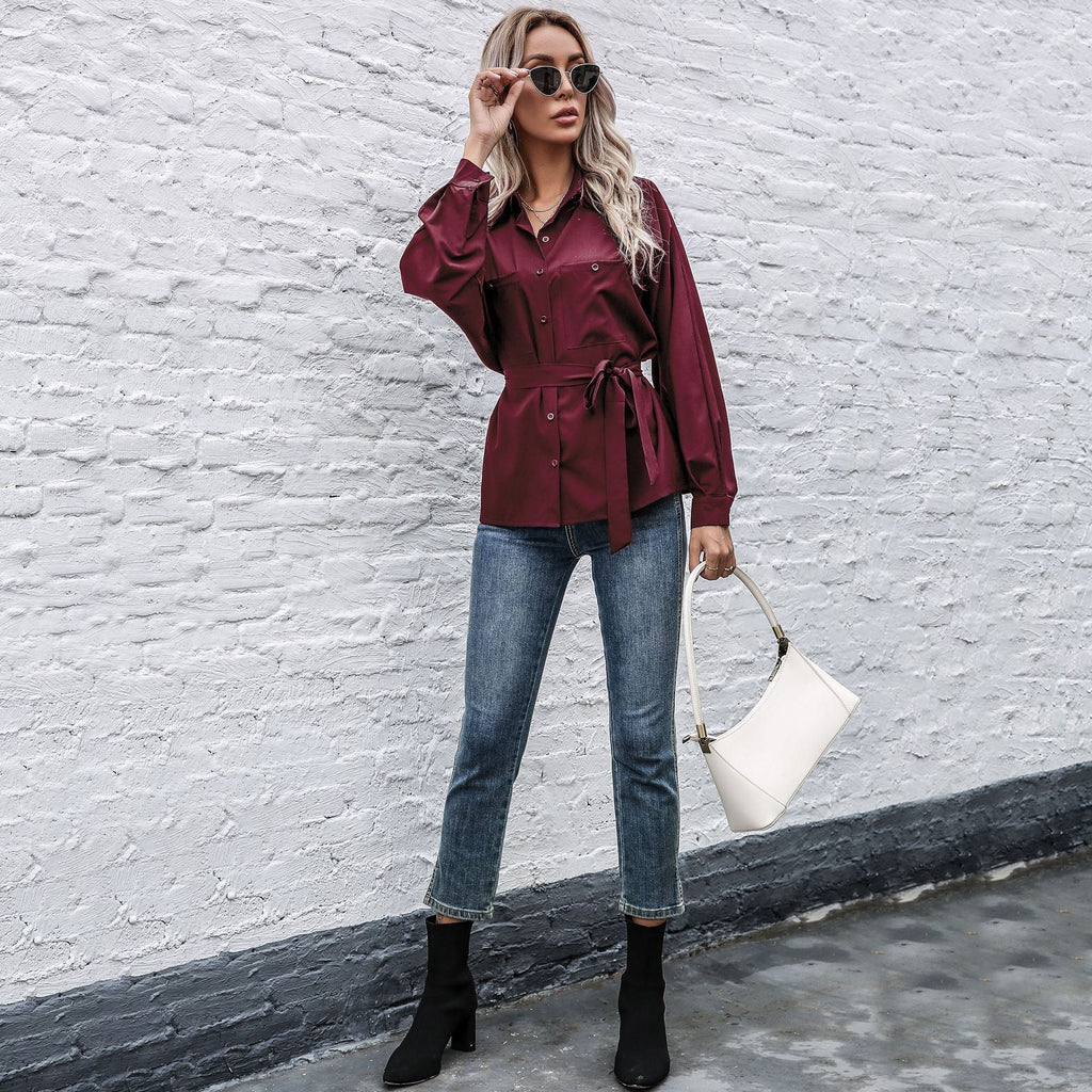 Elegant Satin Shirt Blouse with Waist Belt