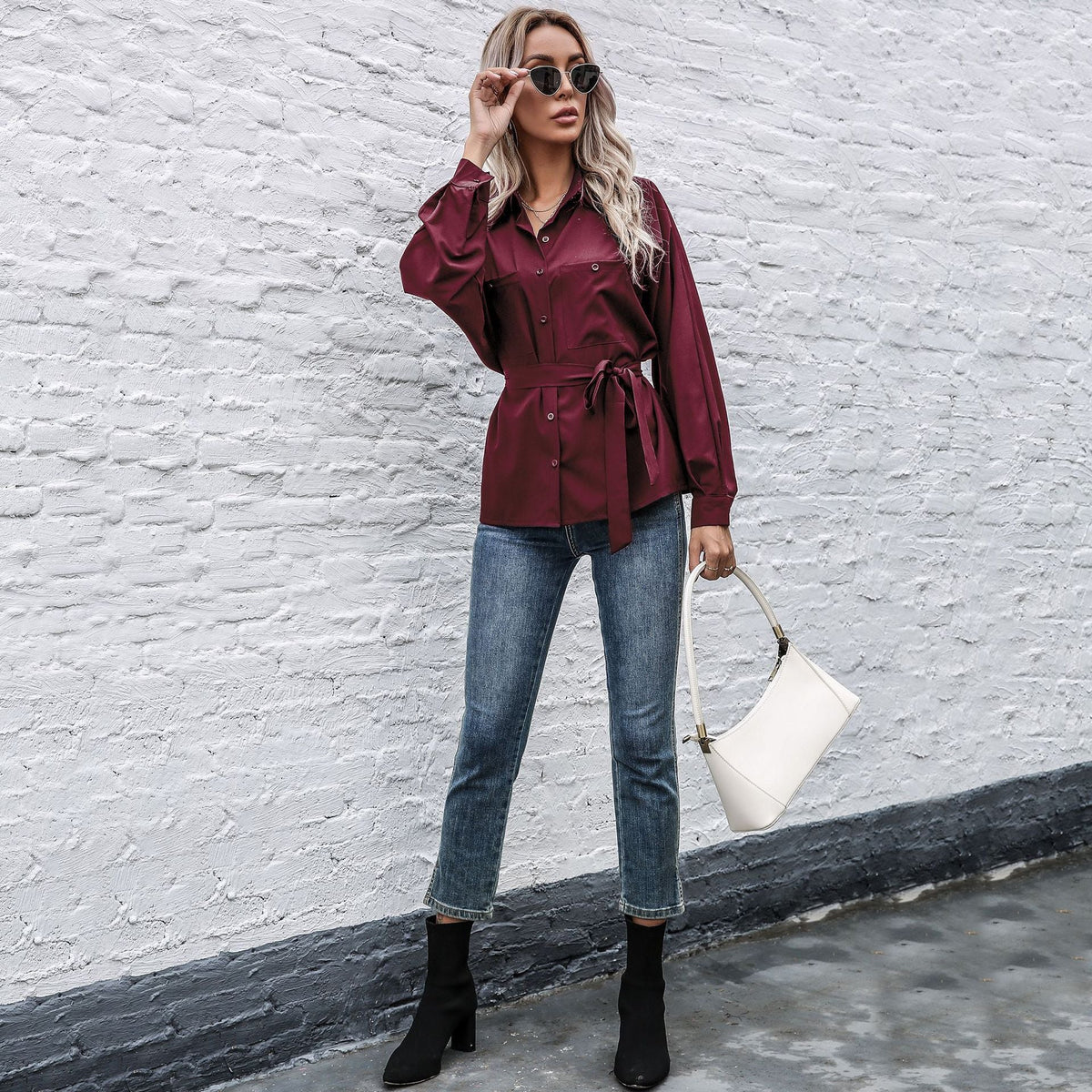 Elegant Satin Shirt Blouse with Waist Belt